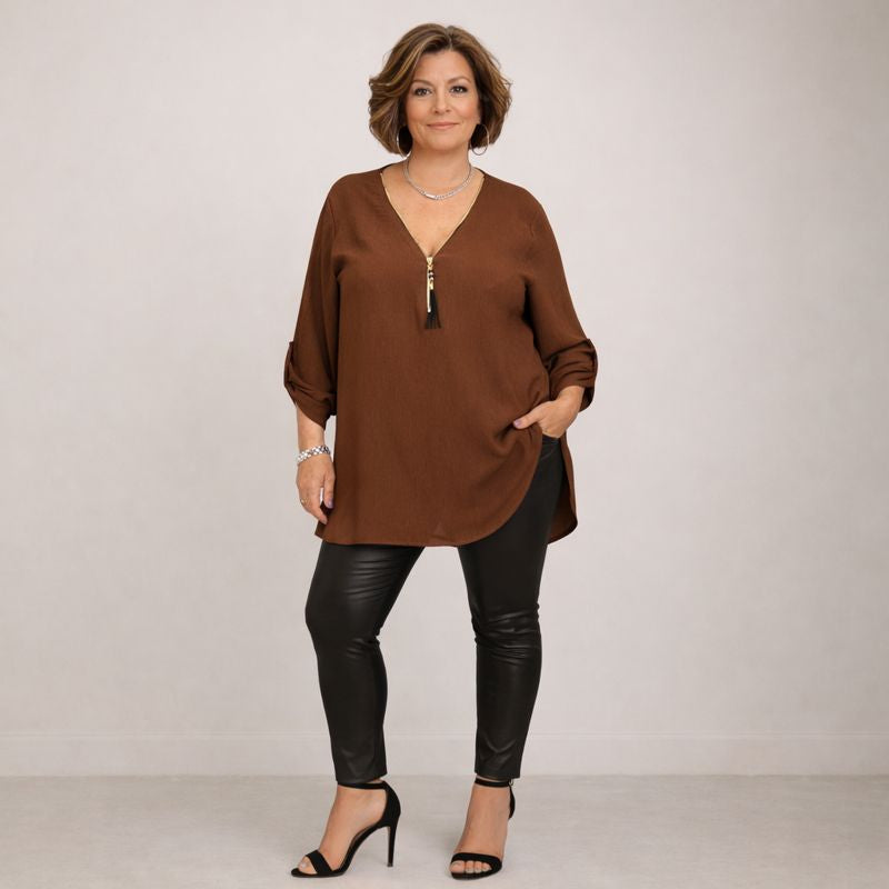 Feature V-Neck Zip Button Sleeve Blouse / Top