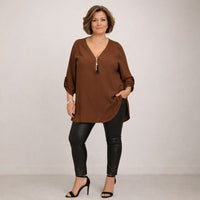 Feature V-Neck Zip Button Sleeve Blouse / Top