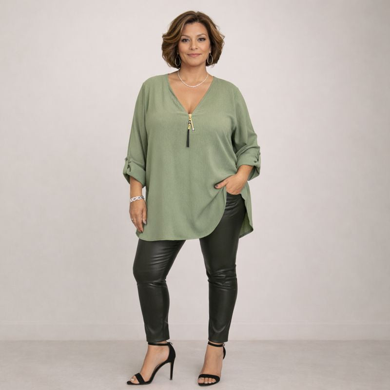 Feature V-Neck Zip Button Sleeve Blouse / Top