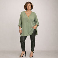 Feature V-Neck Zip Button Sleeve Blouse / Top