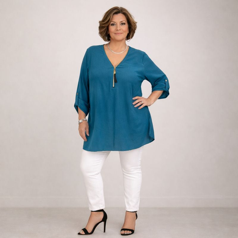 Feature V-Neck Zip Button Sleeve Blouse / Top