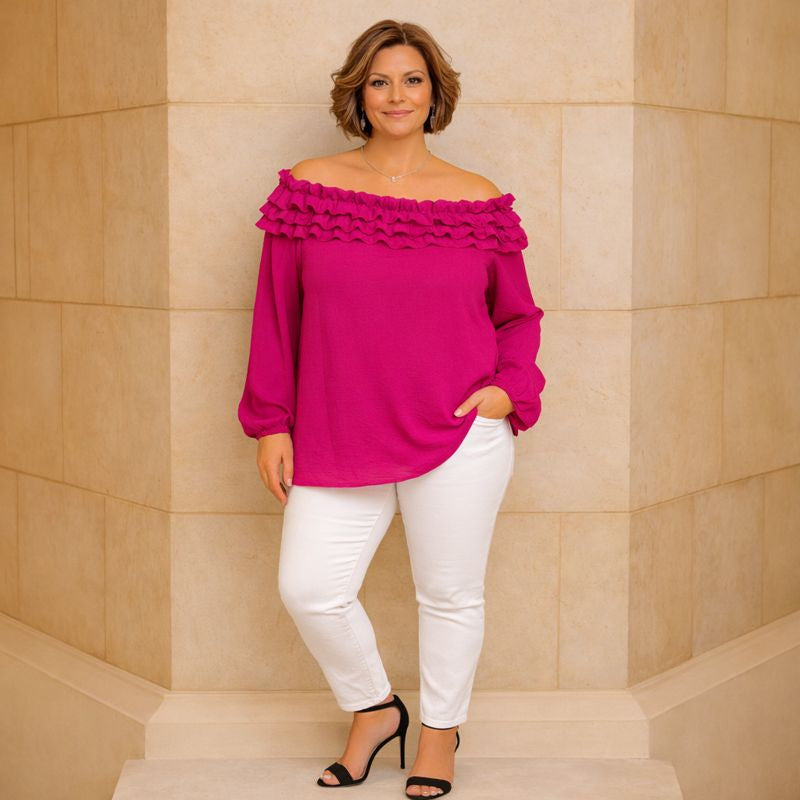Ruffled Neckline Off Shoulder Long Sleeve Blouse