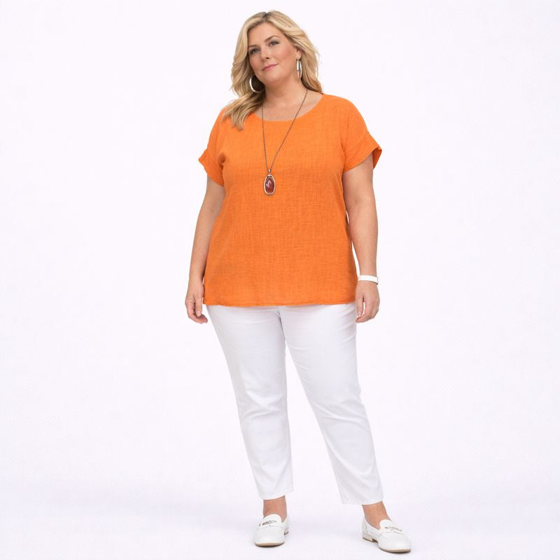 Cotton Linen Look Short Sleeve Blouse with Necklace