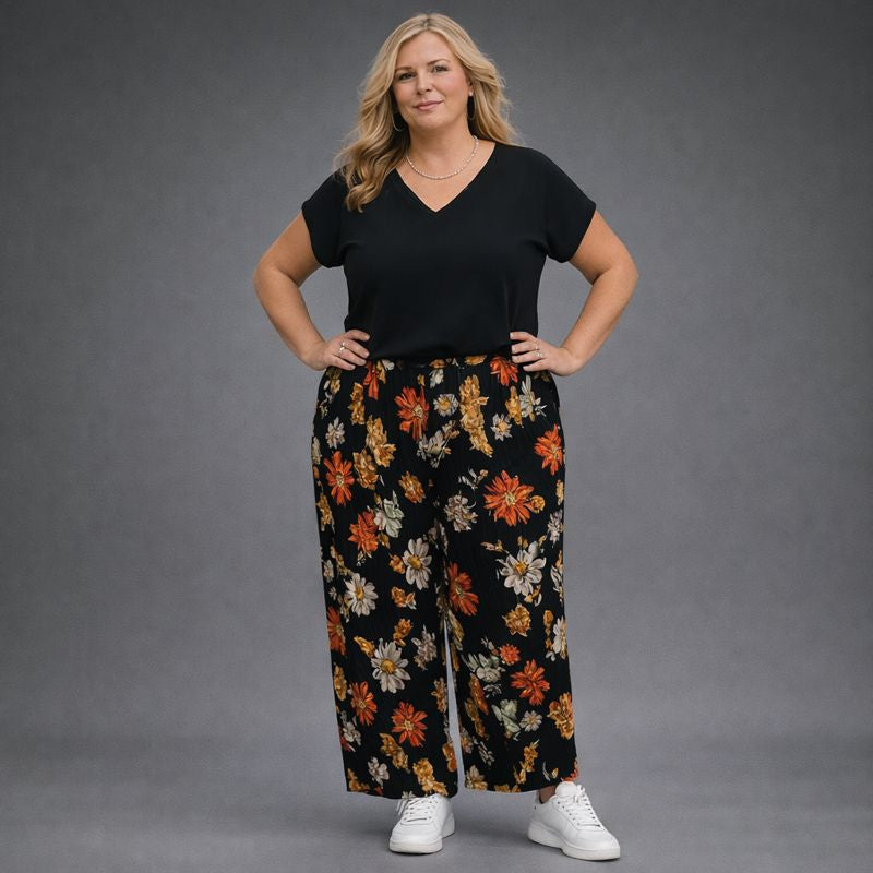 Black Floral Crinkle Pleated Trousers
