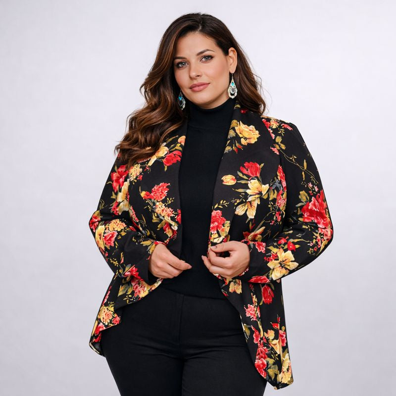 Black Red Floral Waterfall Front Blazer / Jacket