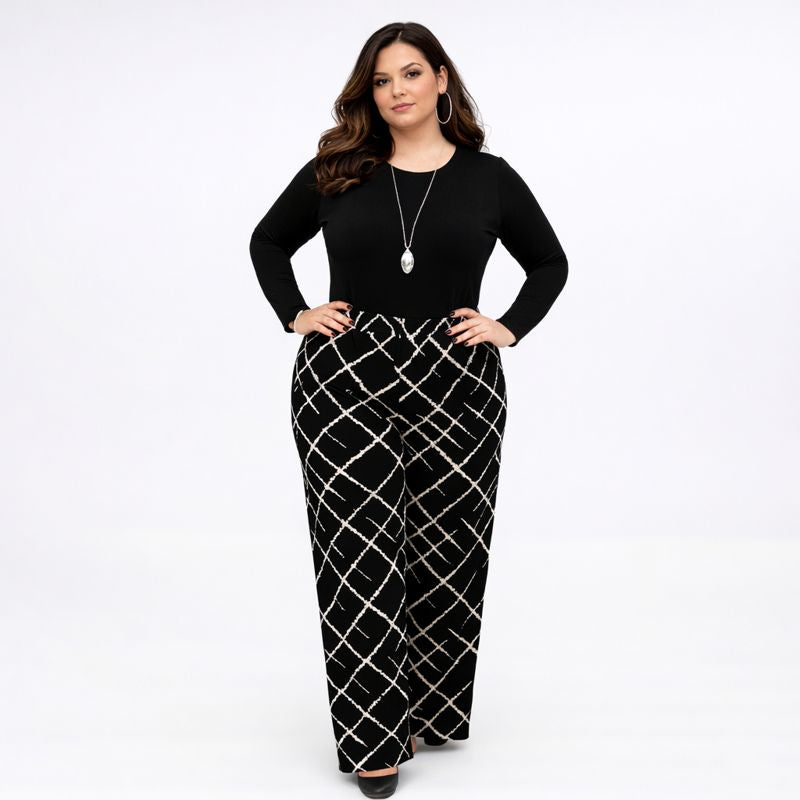 Black White Abstract Elasticated Waist Palazzo Trousers