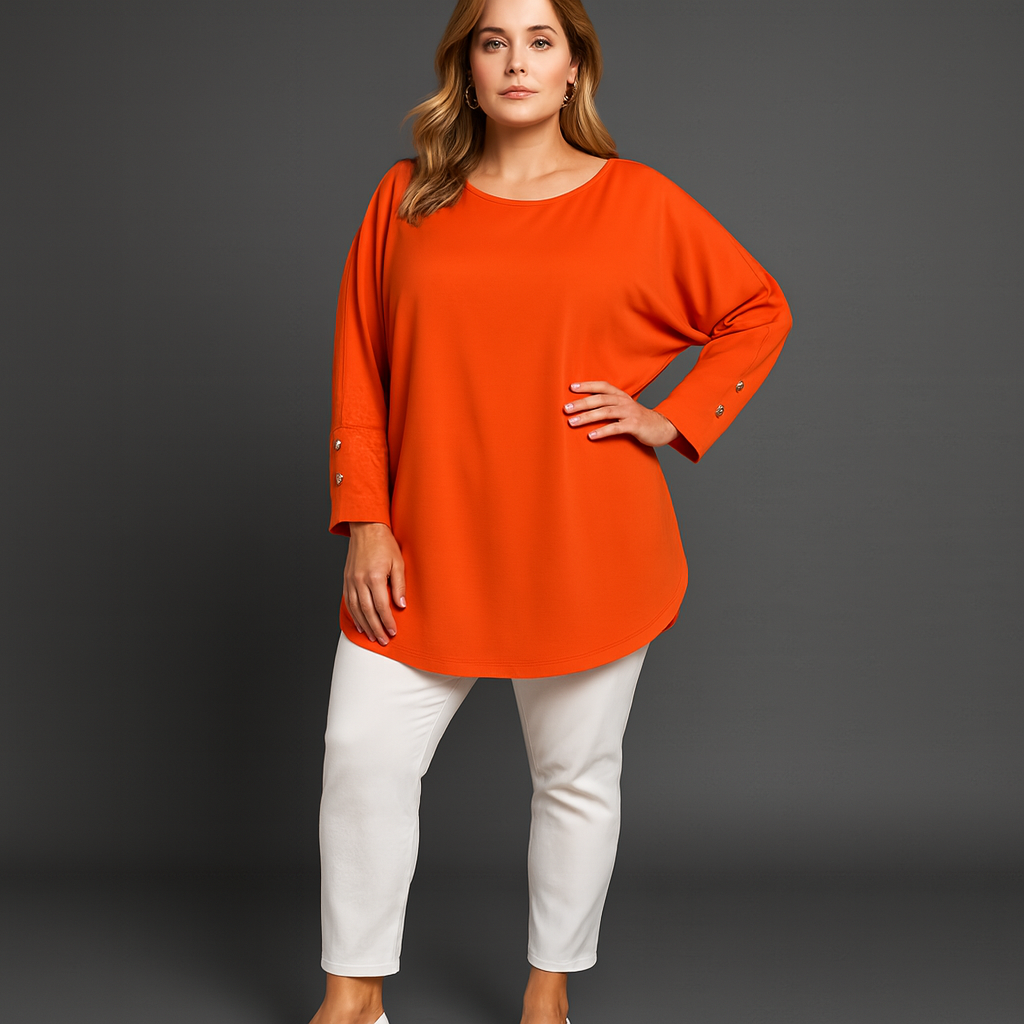 Batwing Button Cuff Long Length Blouse with Cut-Out Back