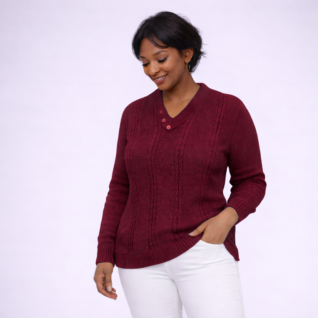 Button V Neck Cable Knit Jumper