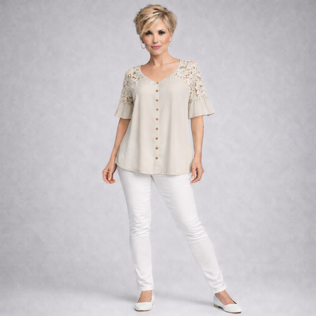 Loose Fitting Lace Panel Blouse with Frilled Sleeves