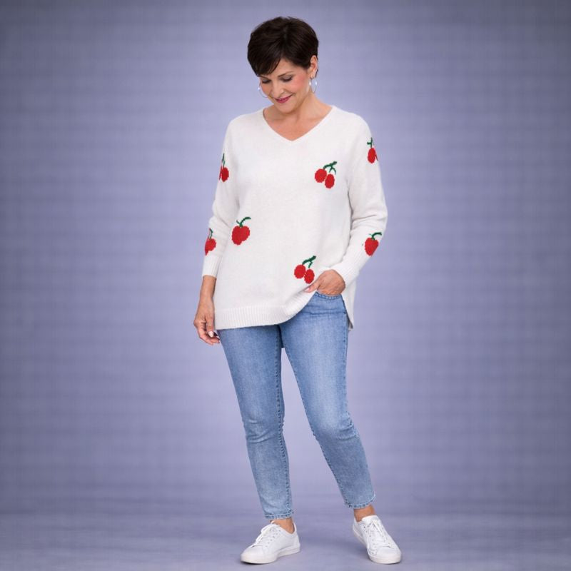 Cherry Soft Fluffy V Neck Jumper