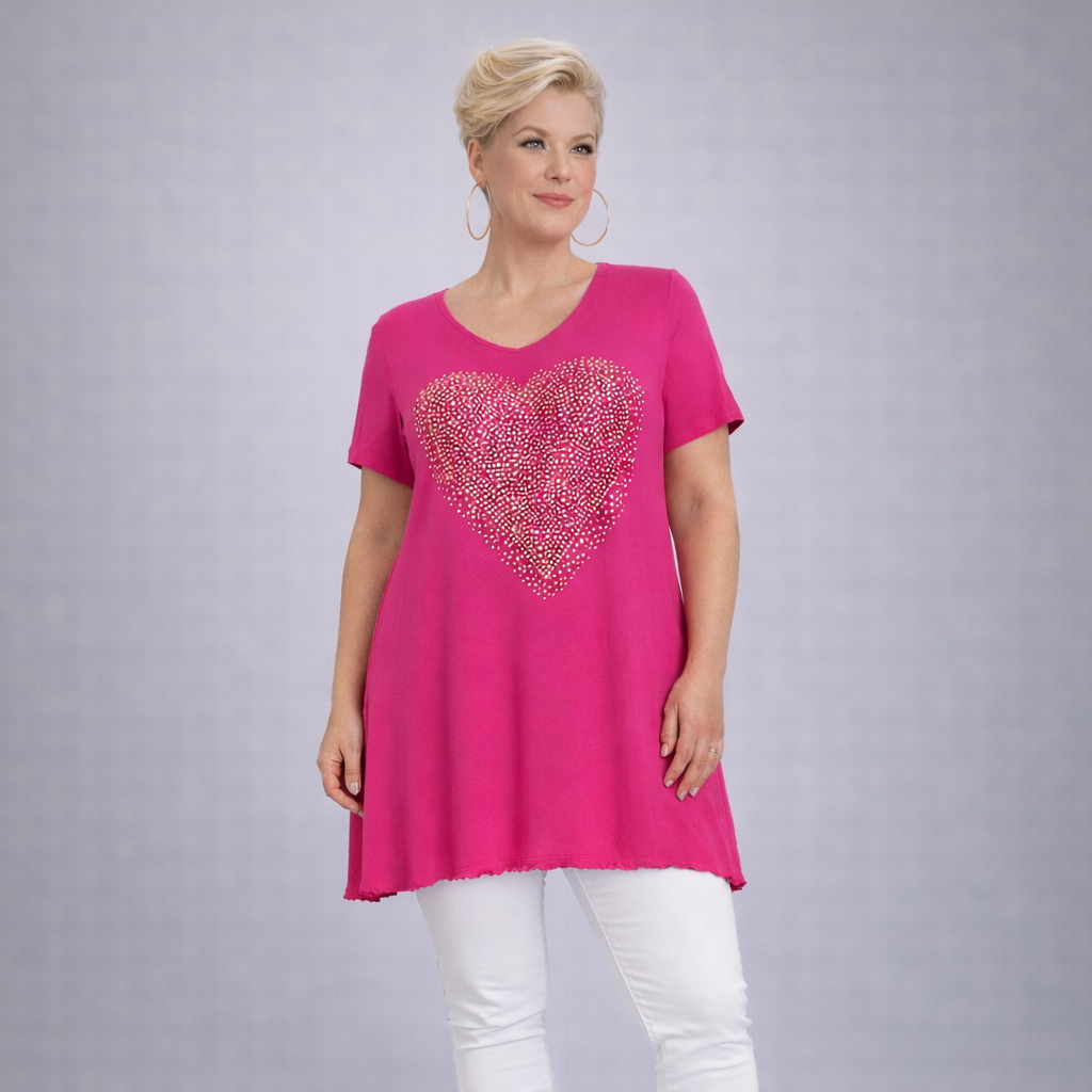 Flared Hem Long Length Top with Gold Studded Heart