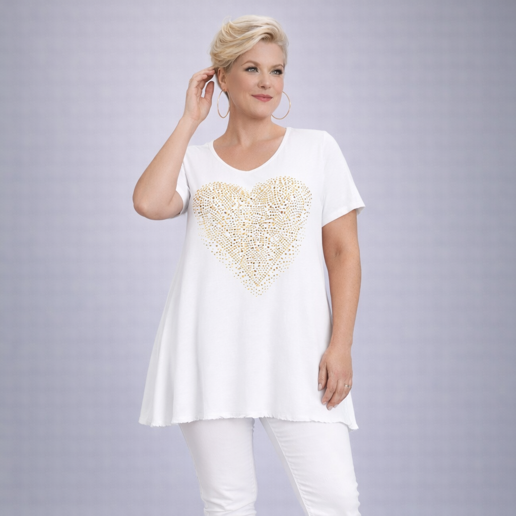 Flared Hem Long Length Top with Gold Studded Heart