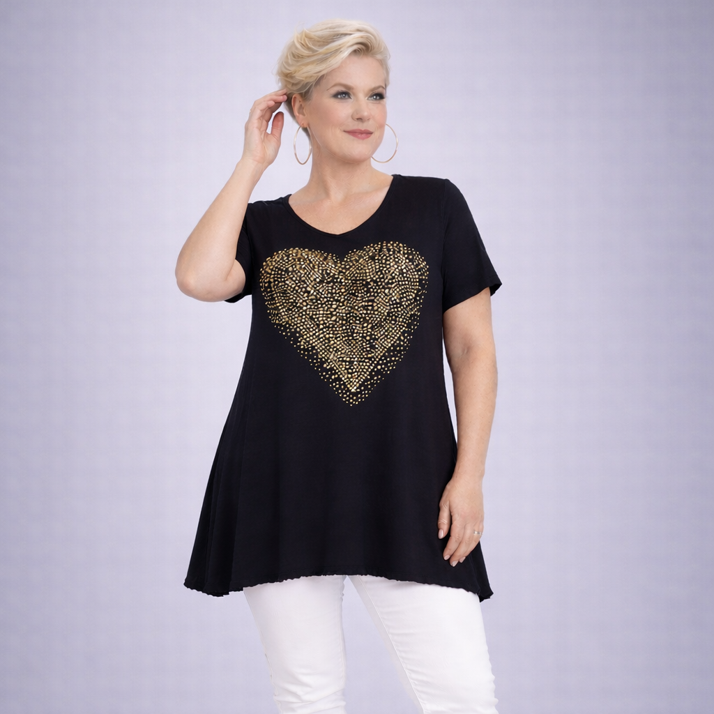 Flared Hem Long Length Top with Gold Studded Heart