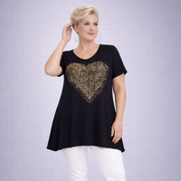 Flared Hem Long Length Top with Gold Studded Heart