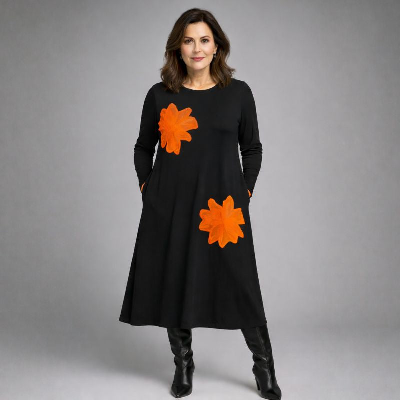 Black Cotton Dress with Appliqué Flowers & Pockets