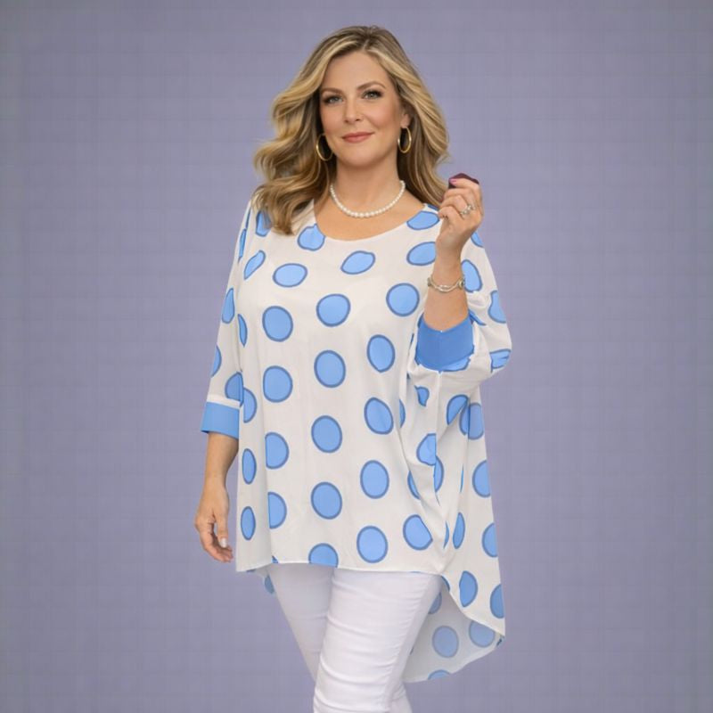Large Spot Long Dipped Hem Button Sleeve Blouse