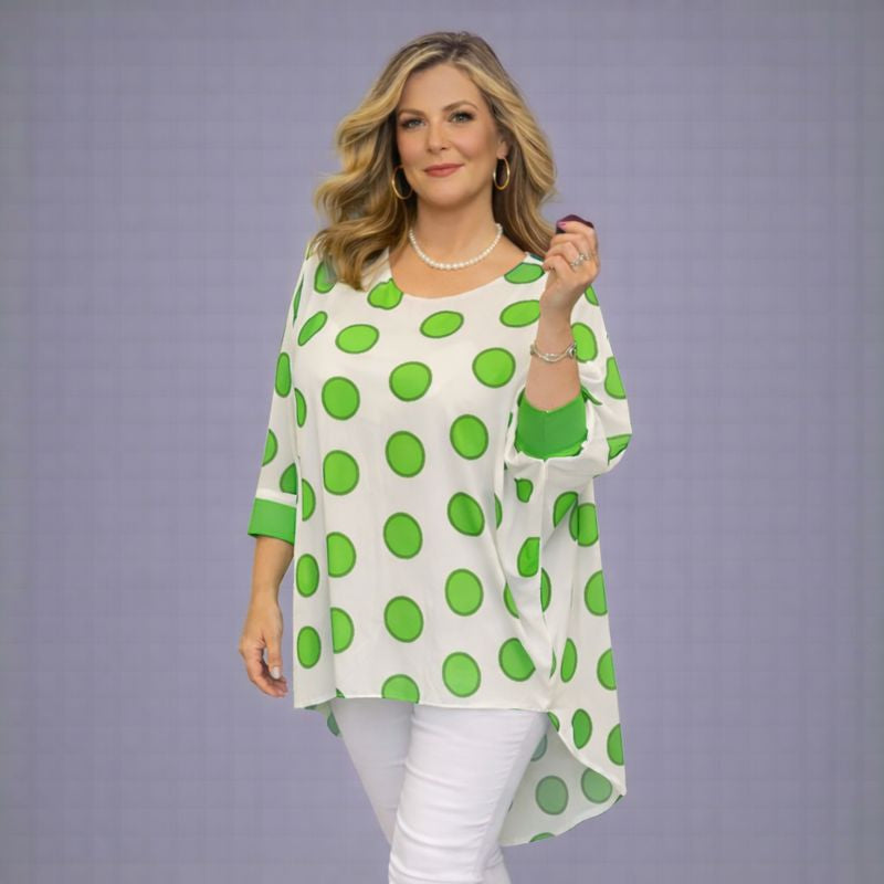 Large Spot Long Dipped Hem Button Sleeve Blouse