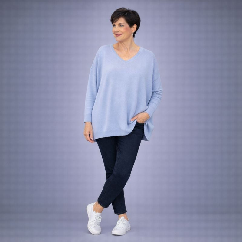 Fine Knit Oversized V Neck Jumper with Fitted Sleeves