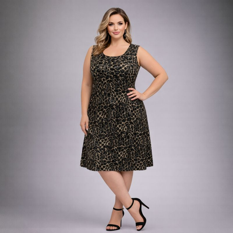 Sparkly Leopard Print Sleeveless Swing Dress