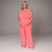 V-Neck Jumpsuit with Pleated Cap Sleeves & Frilled Hem