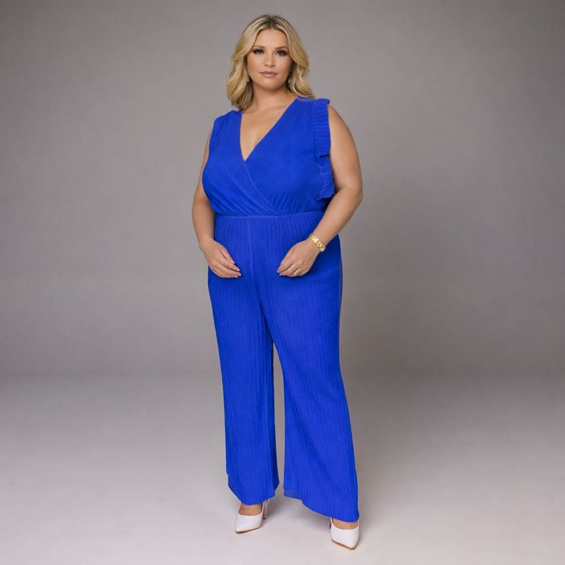 V-Neck Jumpsuit with Pleated Cap Sleeves & Frilled Hem