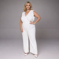 V-Neck Jumpsuit with Pleated Cap Sleeves & Frilled Hem