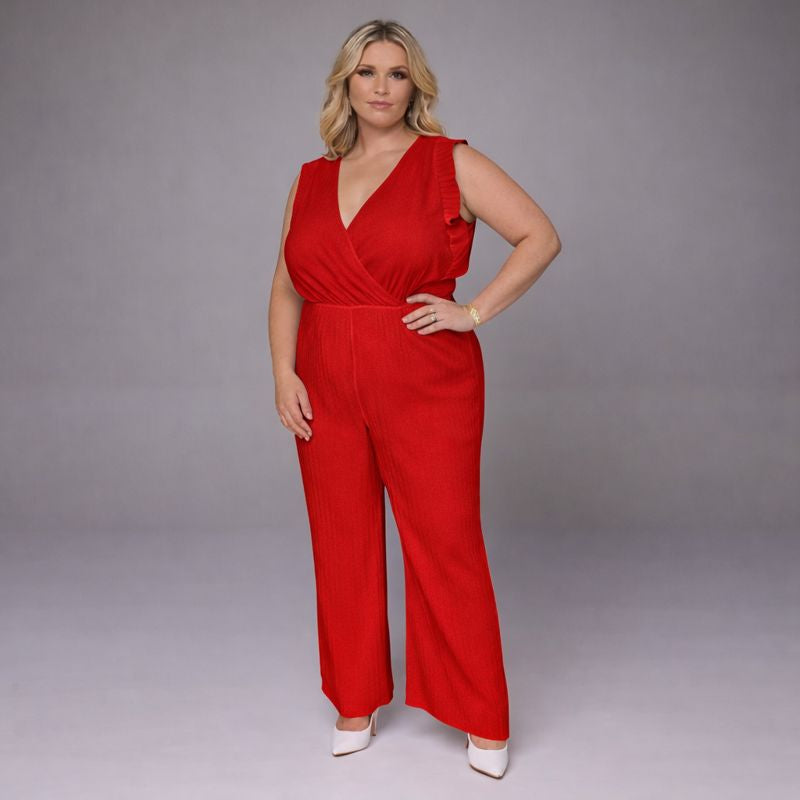 V-Neck Jumpsuit with Pleated Cap Sleeves & Frilled Hem