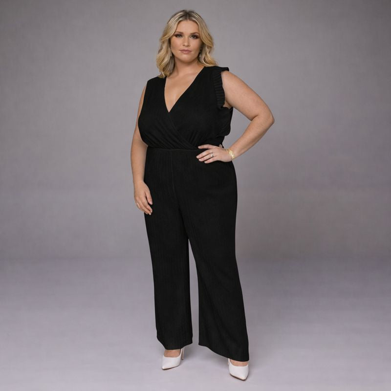 V-Neck Jumpsuit with Pleated Cap Sleeves & Frilled Hem