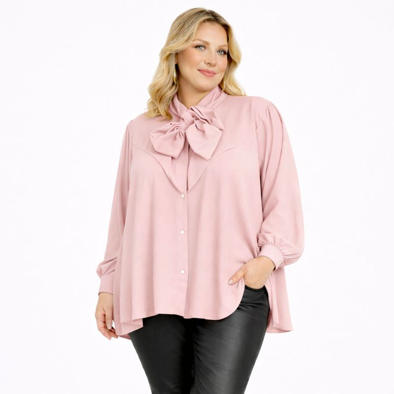 Dipped Hem Tie Neck Loose Fitting Blouse