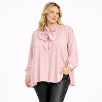 Dipped Hem Tie Neck Loose Fitting Blouse