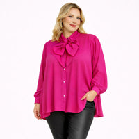 Dipped Hem Tie Neck Loose Fitting Blouse