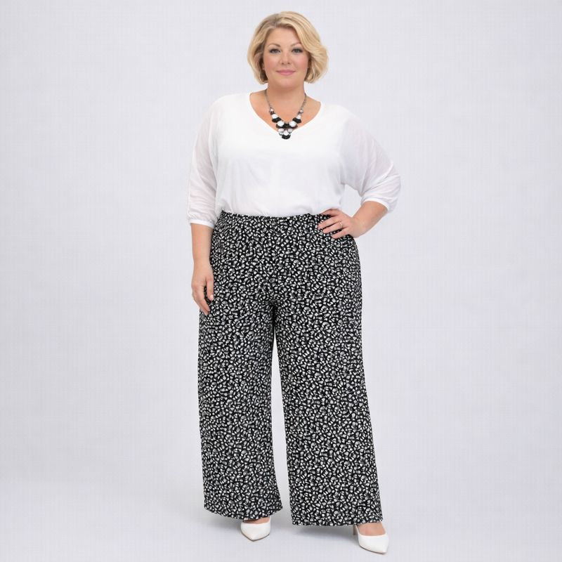 Black & White Small Floral Elastic Waist Palazzo Trousers