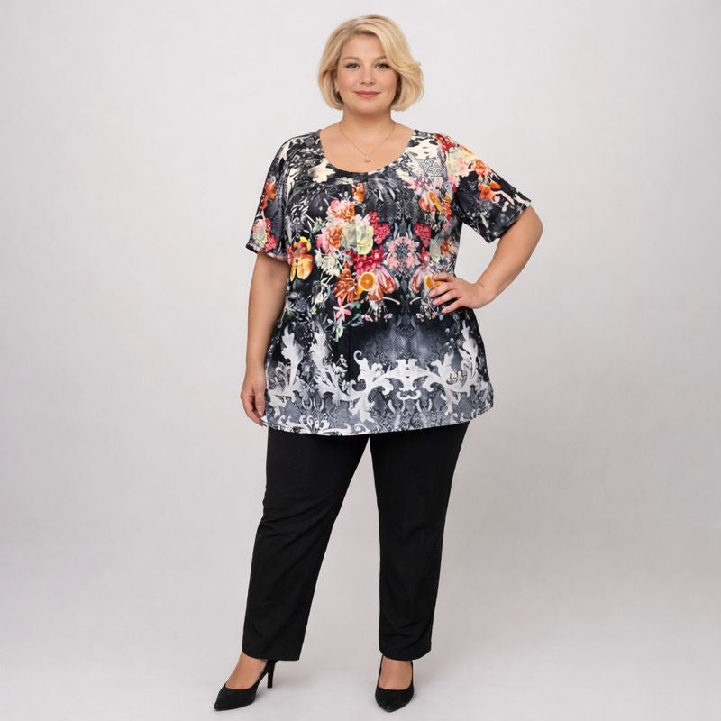 Grey & White Short Sleeve Smock Top with Fruit Pattern