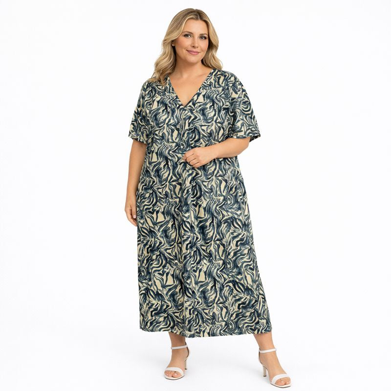 Swirl Print Loose Fitting V Neck Dress