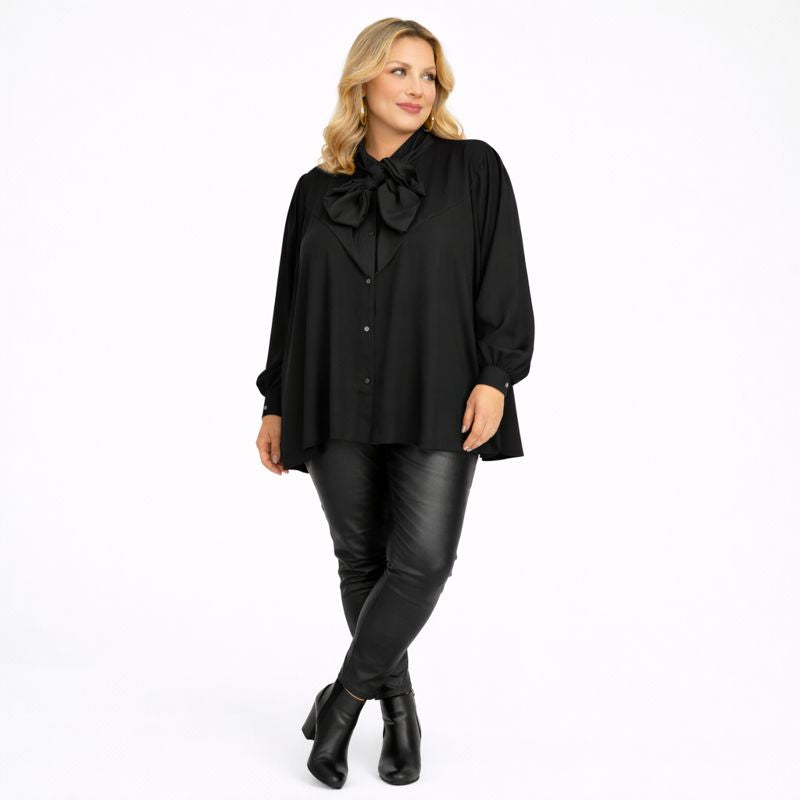 Dipped Hem Tie Neck Loose Fitting Blouse