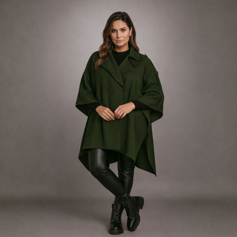 Cape Coat with Contrasting Trim and Buttons