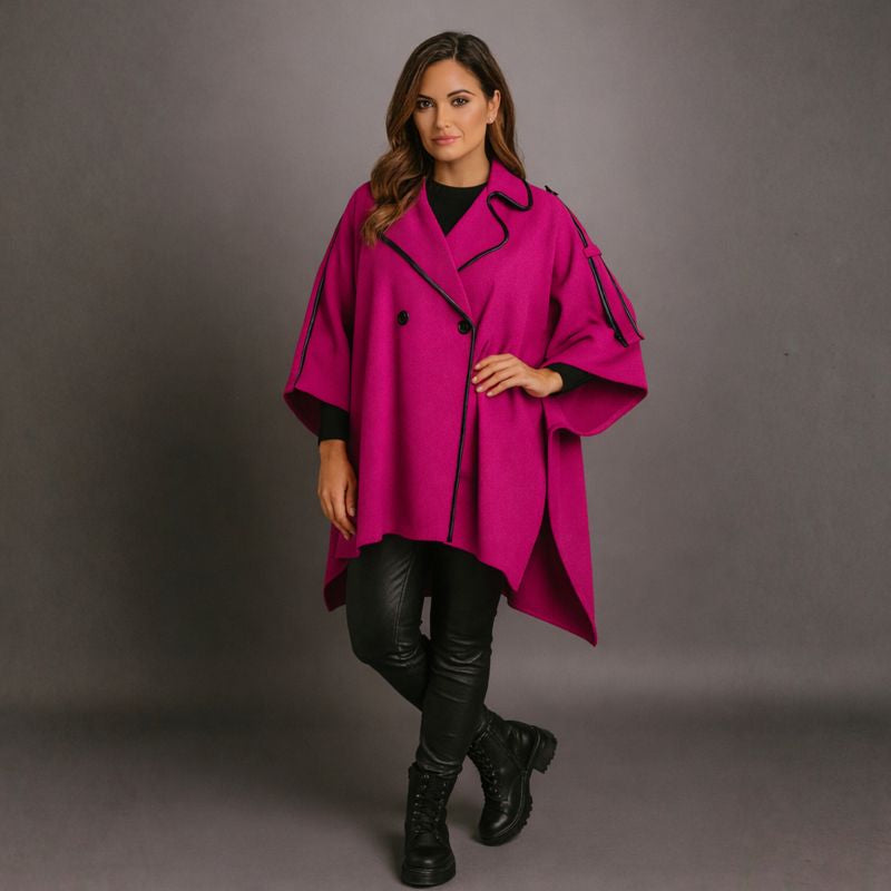 Cape Coat with Contrasting Trim and Buttons