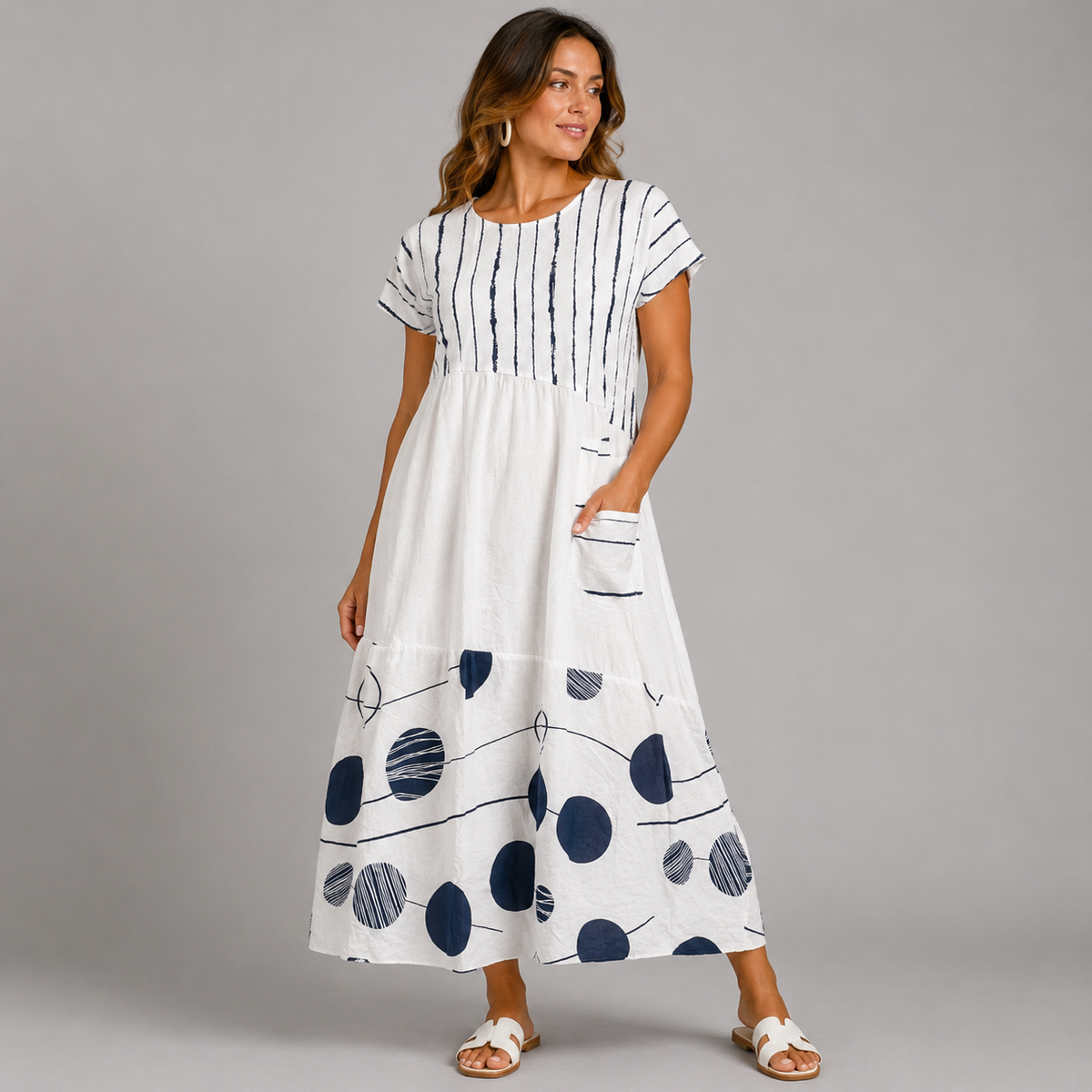 White Cotton Midi Dress with Navy Print and Pocket
