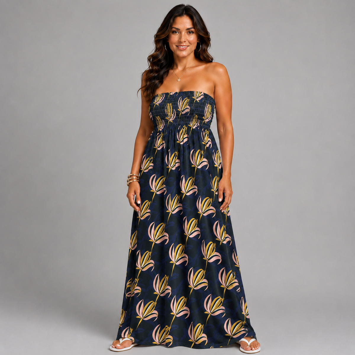 Navy Mustard Strapless Boob Tube Maxi Dress