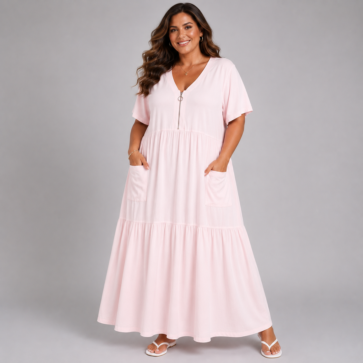 Feature Zip V-Neck Layered Cotton / Linen Maxi Dress