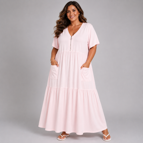 Feature Zip V-Neck Layered Cotton / Linen Maxi Dress