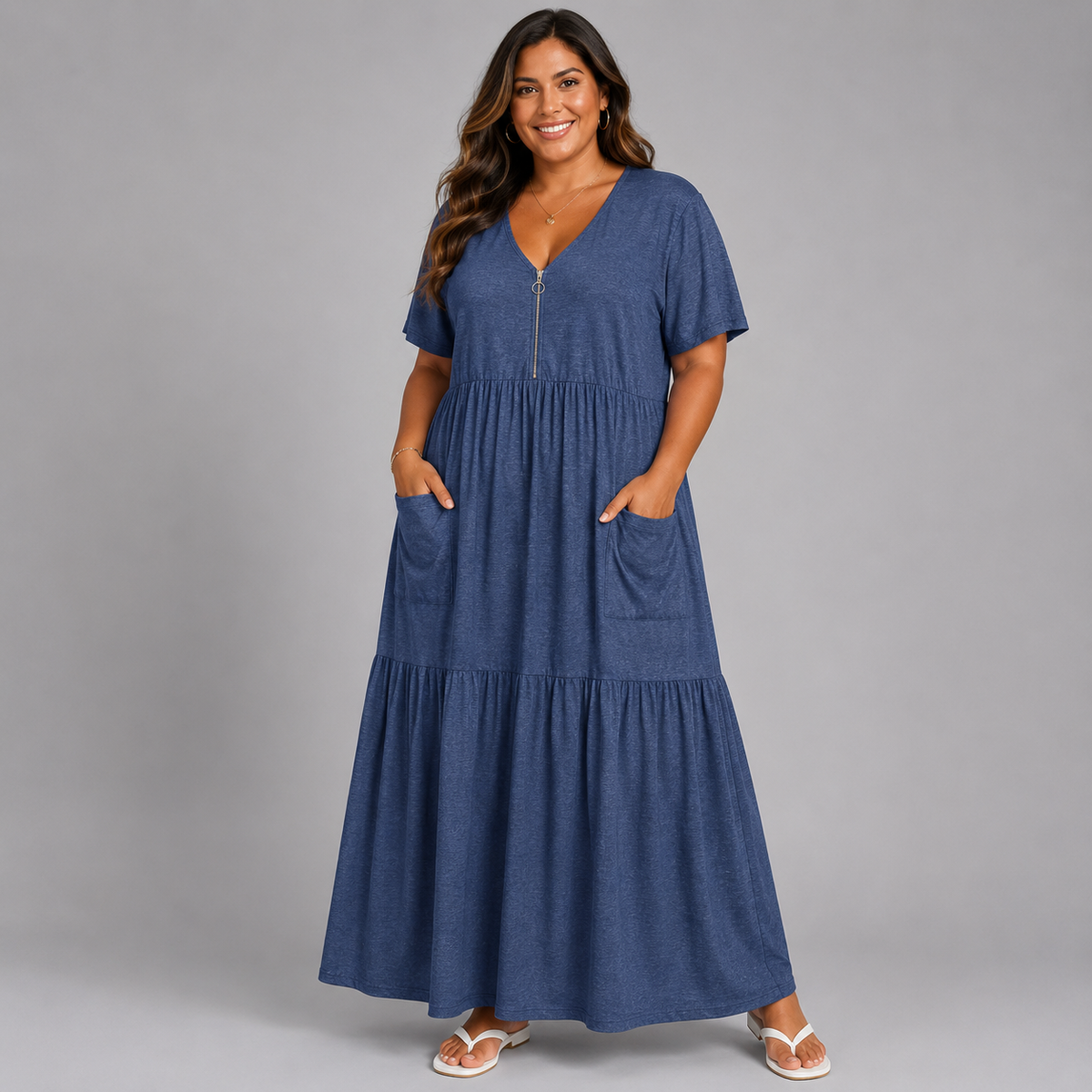 Feature Zip V-Neck Layered Cotton / Linen Maxi Dress
