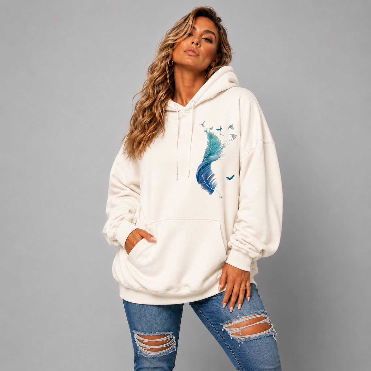 Cotton Hoodie Blue Feather Graphic