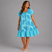 Pleated-Neck Leaf-Print Summer Dress