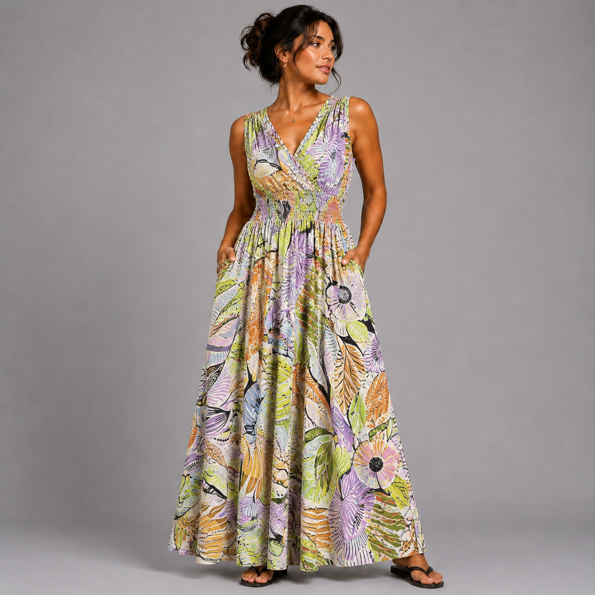 Tropical Floral Sleeveless V Neck maxi Dress with side Pockets