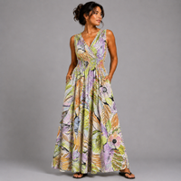 Tropical Floral Sleeveless V Neck maxi Dress with side Pockets