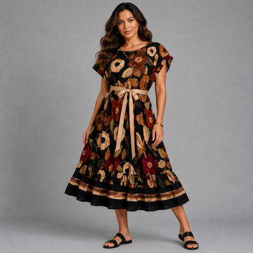 Floral Cap Sleeve Dress with Tie Belt