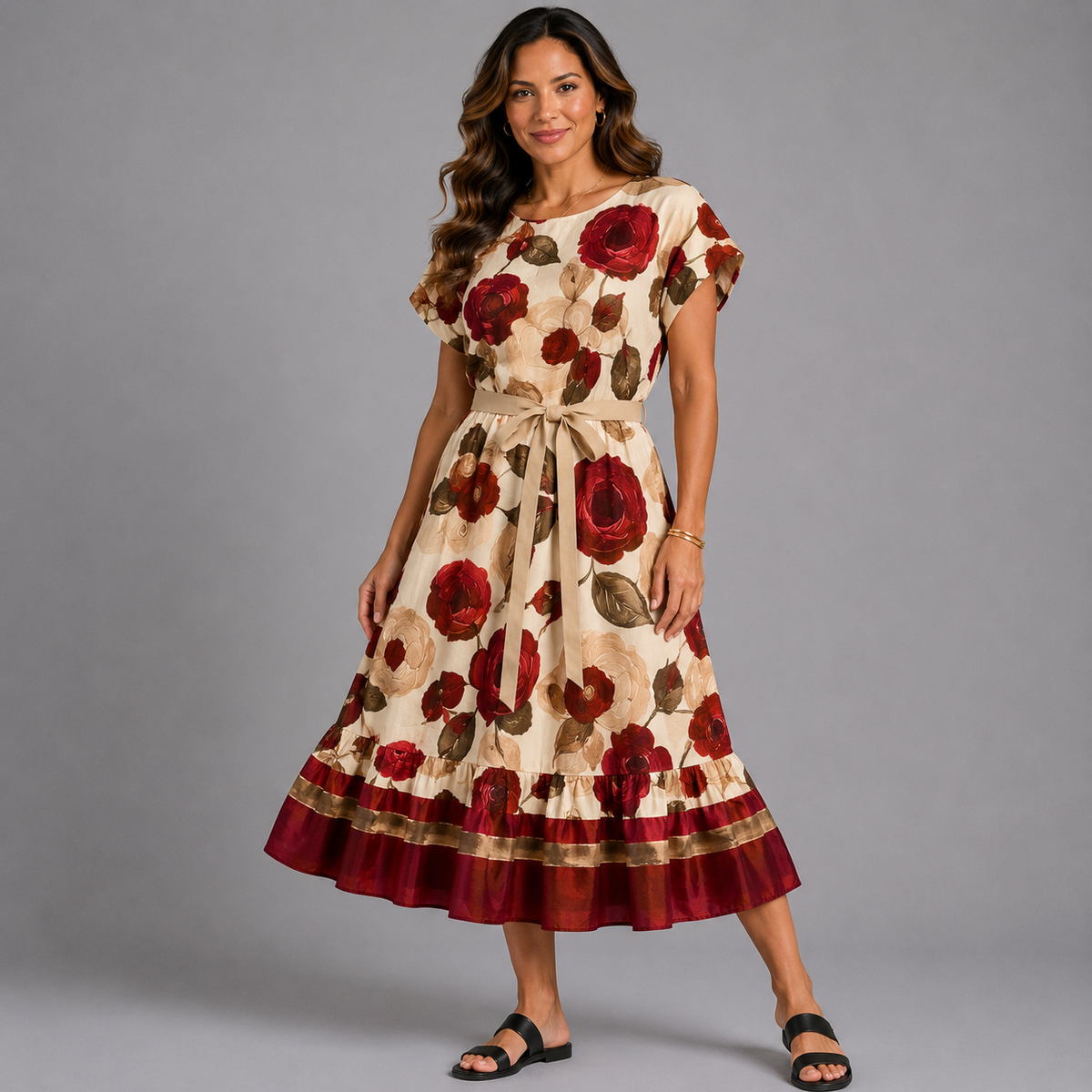 Floral Cap Sleeve Dress with Tie Belt