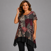 Short Sleeve Abstract Top with Chiffon Hanky Hem