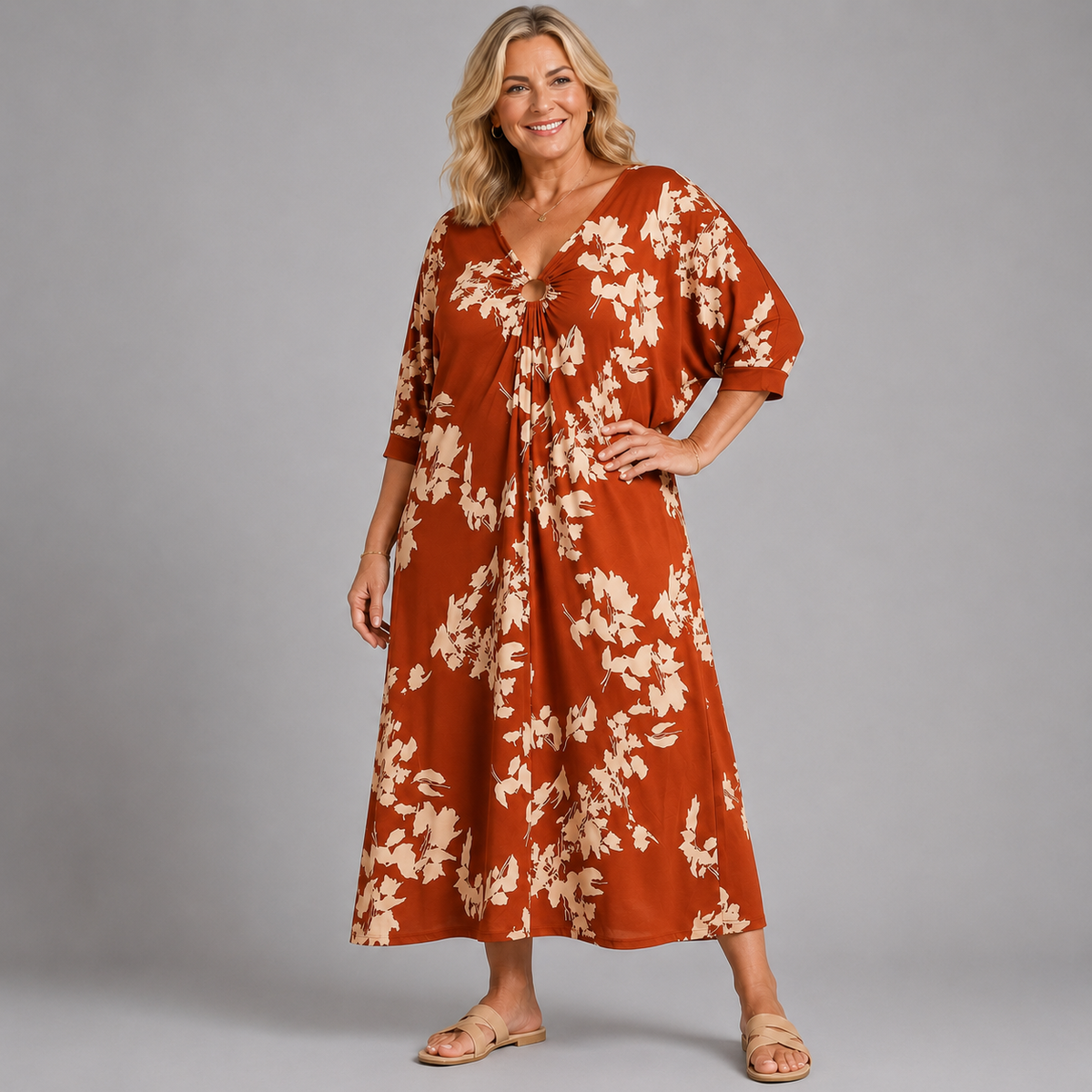 Leaf Print V Neck Batwing Dress